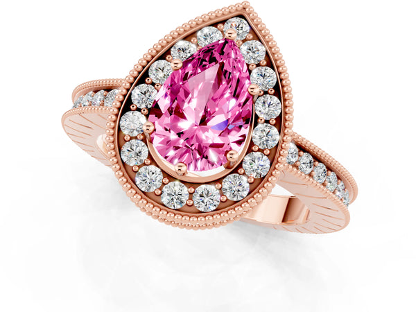Rose gold Pear Cut Halo Diamond Engagement Ring with Milgrain Pave Band and Four-Prong Setting