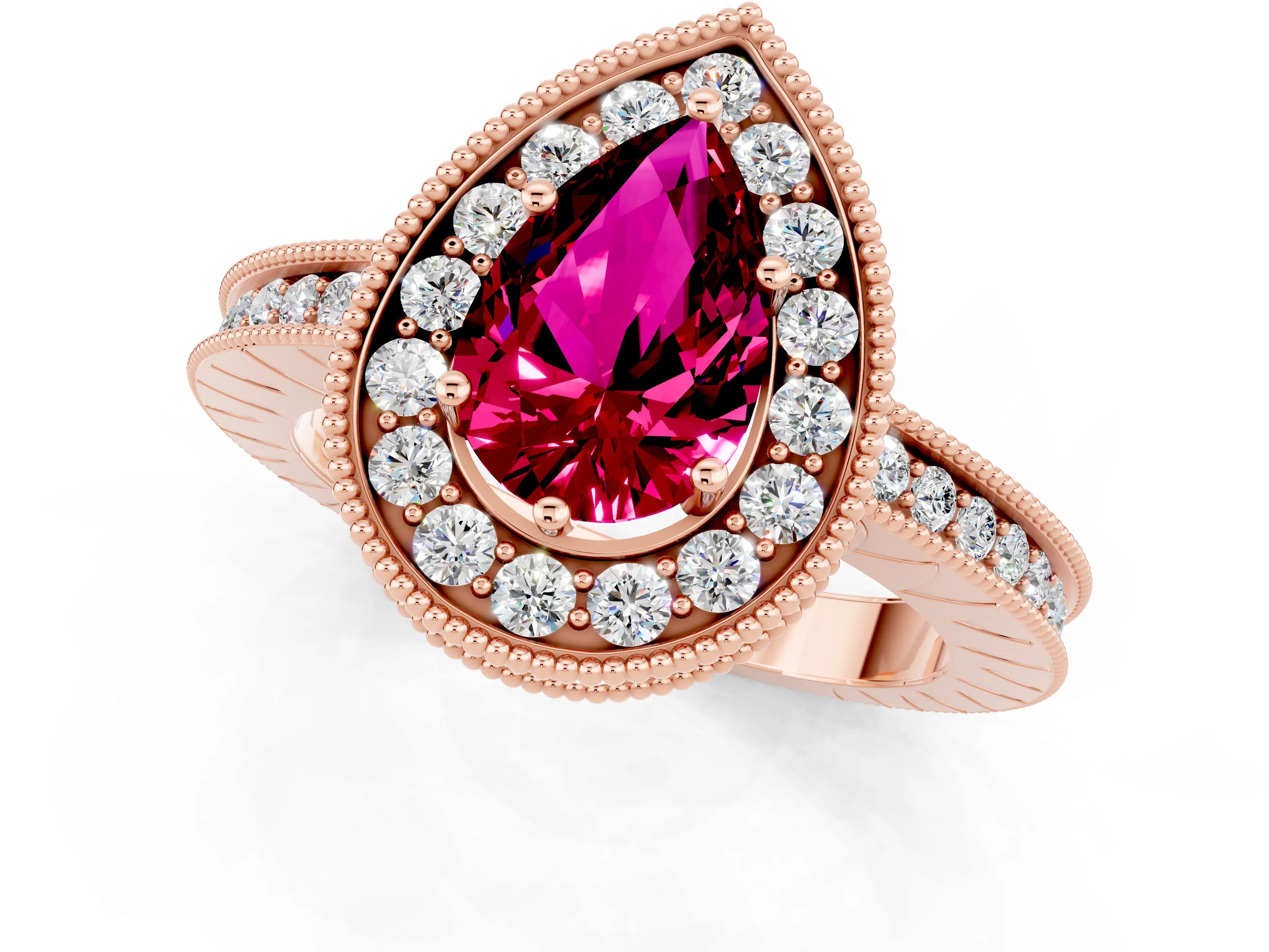 Rose gold Pear Cut Halo Diamond Engagement Ring with Milgrain Pave Band and Four-Prong Setting_1