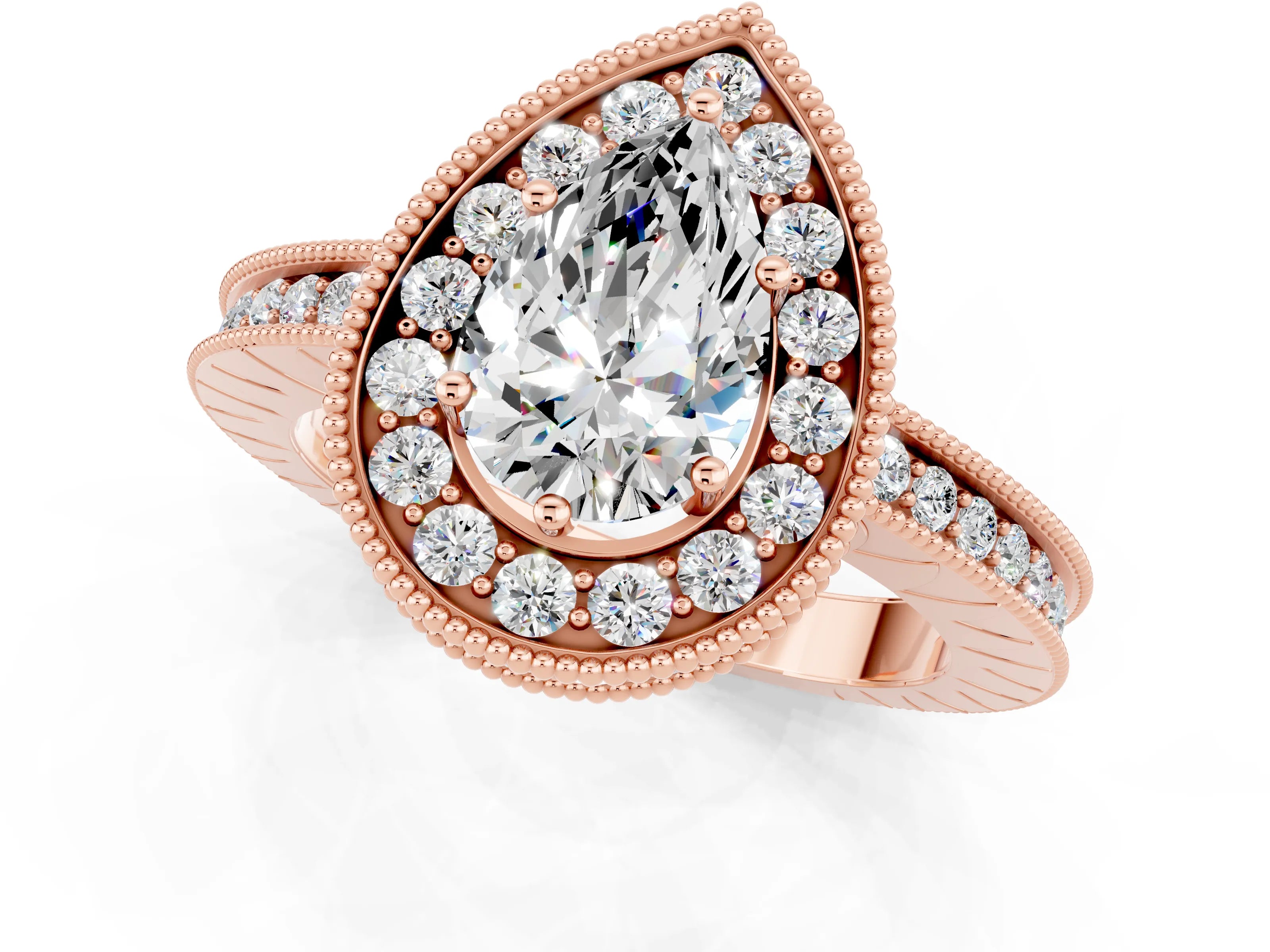Rose gold Pear Cut Halo Diamond Engagement Ring with Milgrain Pave Band and Four-Prong Setting_1