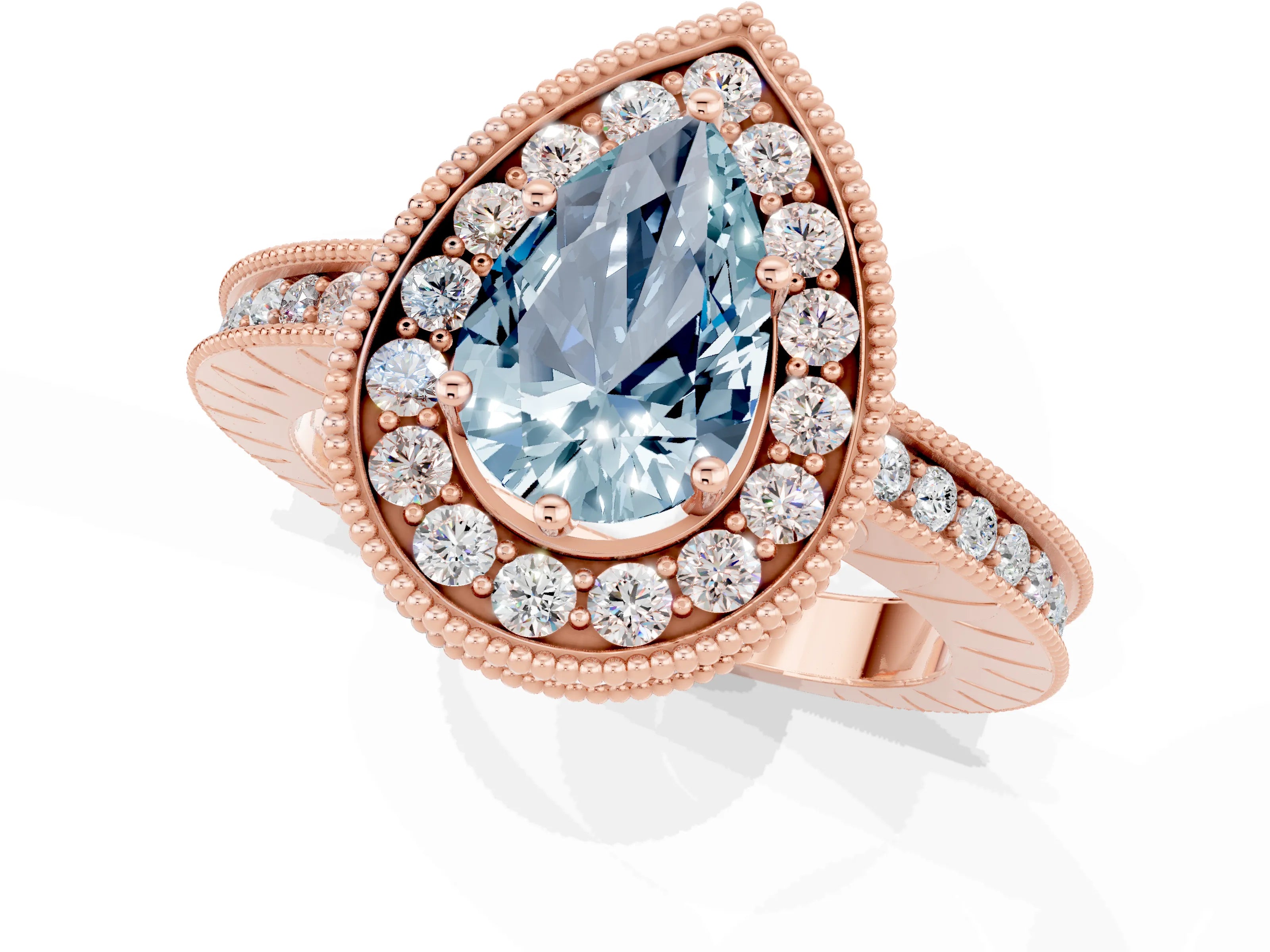 Rose gold Pear Cut Halo Diamond Engagement Ring with Milgrain Pave Band and Four-Prong Setting_1