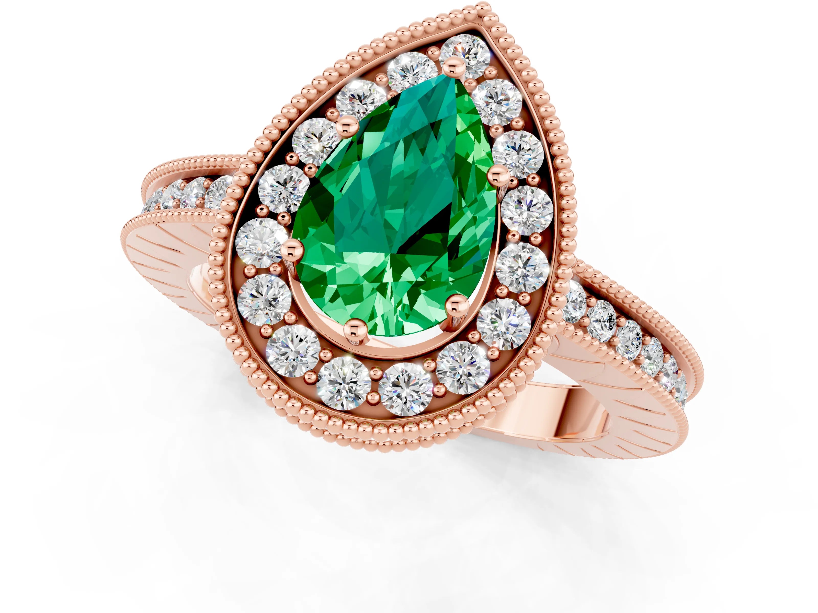 Rose gold Pear Cut Halo Diamond Engagement Ring with Milgrain Pave Band and Four-Prong Setting_1