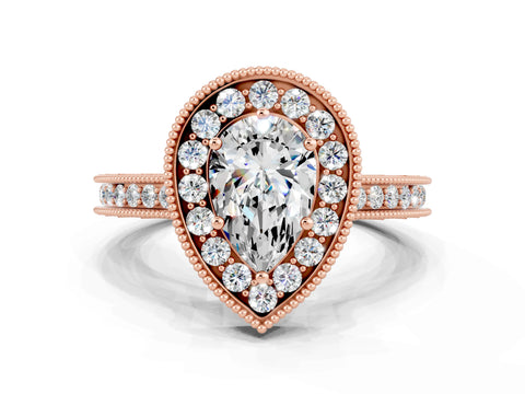 Rose gold Pear Cut Halo Diamond Engagement Ring with Milgrain Pave Band and Four-Prong Setting
