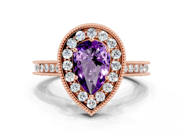 Rose gold Pear Cut Amethyst Milgrain Halo Engagement Ring with Round Pavé Band and Prong Setting