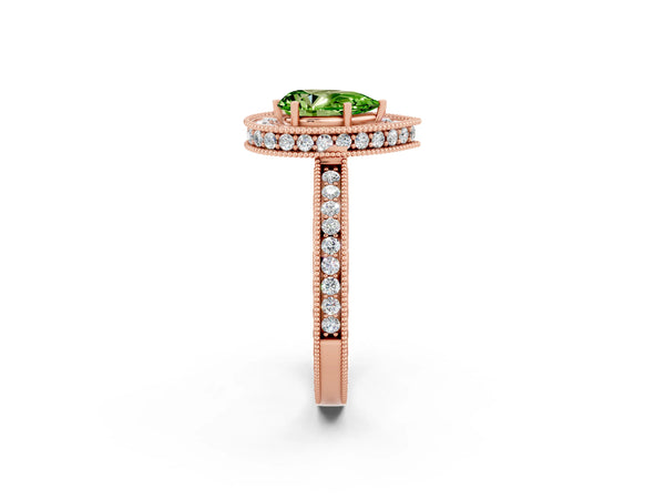 Rose gold Pear Cut Halo Diamond Engagement Ring with Milgrain Pave Band and Four-Prong Setting