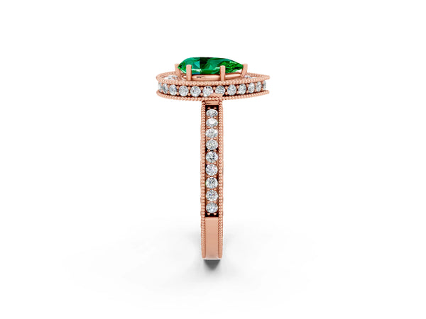 Rose gold Pear Cut Halo Diamond Engagement Ring with Milgrain Pave Band and Four-Prong Setting