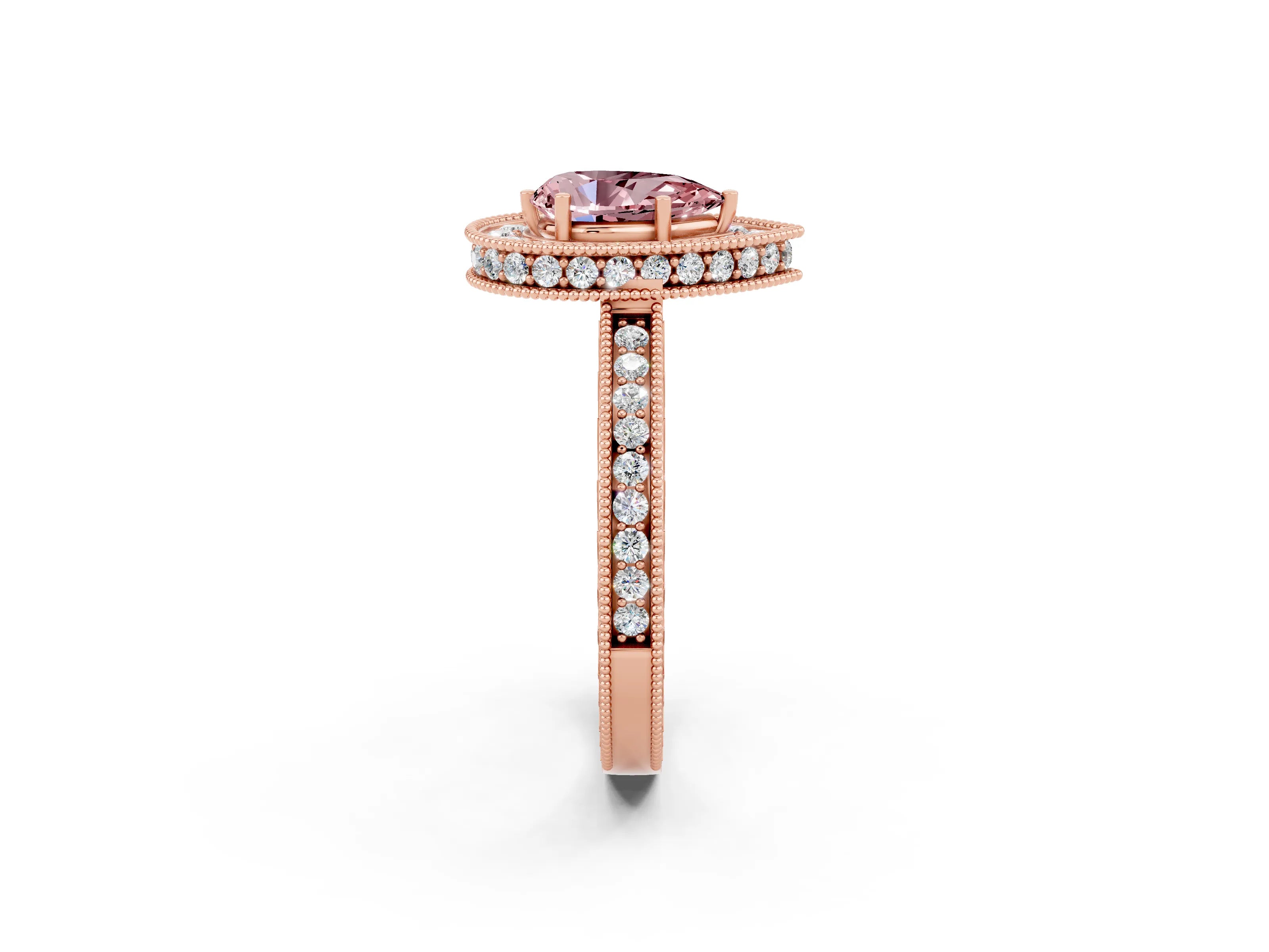 Rose gold Pear Cut Halo Diamond Engagement Ring with Milgrain Pave Band and Four-Prong Setting_2