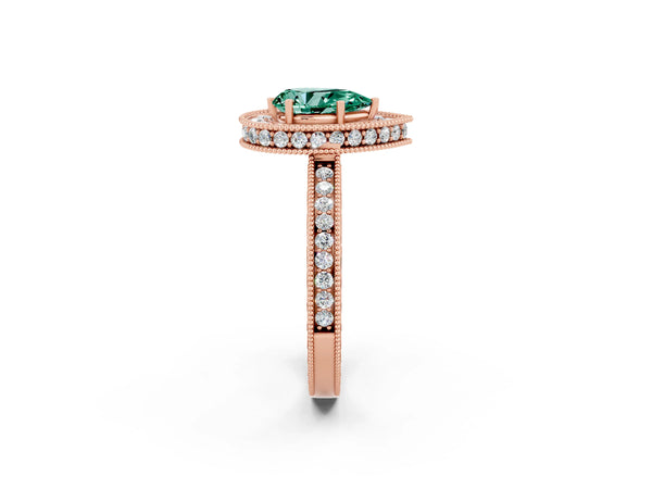 Rose gold Pear Cut Halo Diamond Engagement Ring with Milgrain Pave Band and Four-Prong Setting