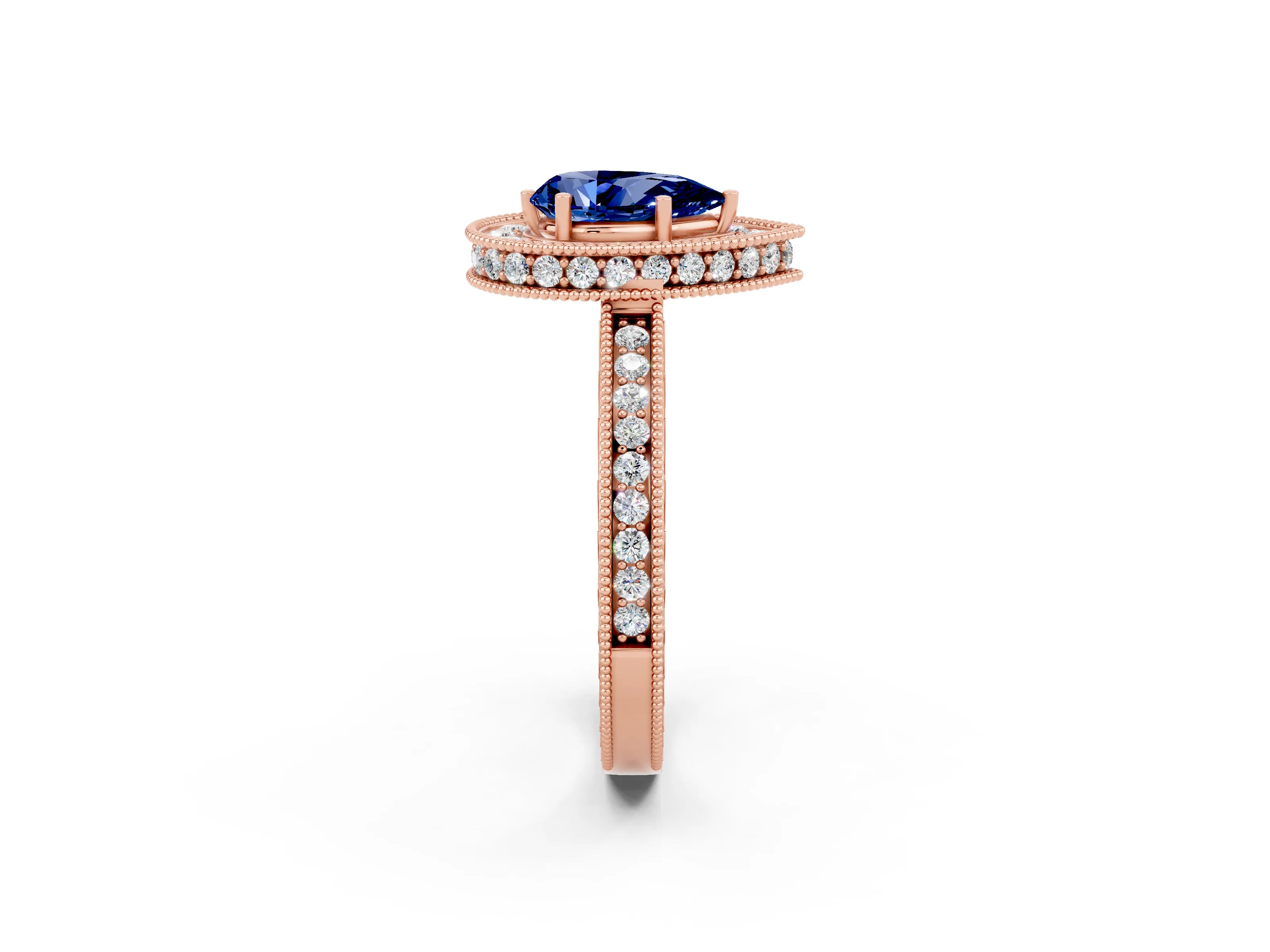 Rose gold Pear Cut Halo Diamond Engagement Ring with Milgrain Pave Band and Four-Prong Setting_2