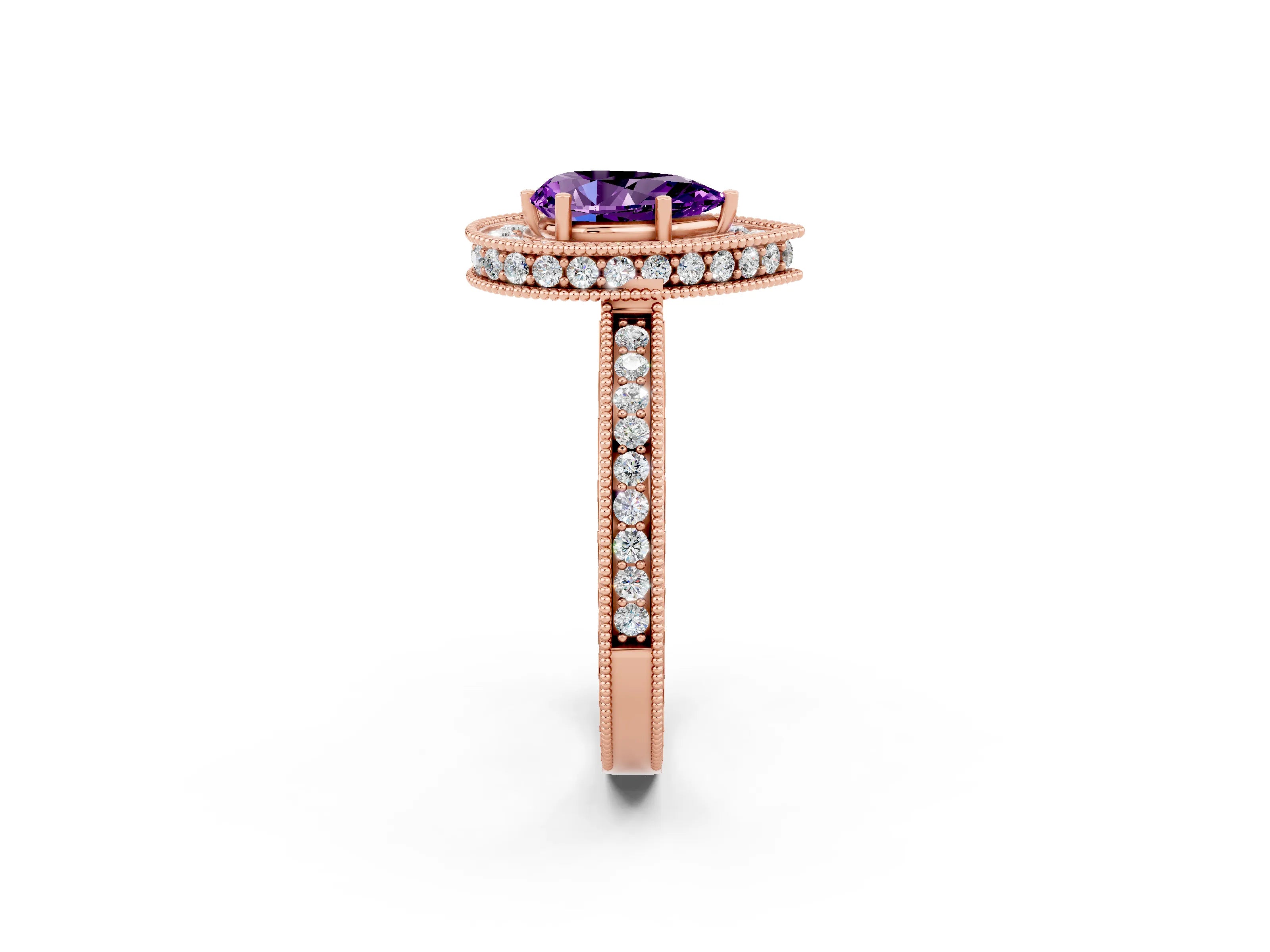 Rose gold Pear Cut Halo Diamond Engagement Ring with Milgrain Pave Band and Four-Prong Setting_2