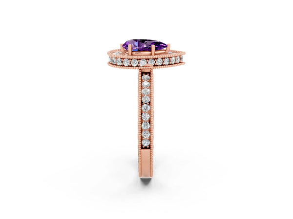 Rose gold Pear Cut Amethyst Milgrain Halo Engagement Ring with Round Pavé Band and Prong Setting