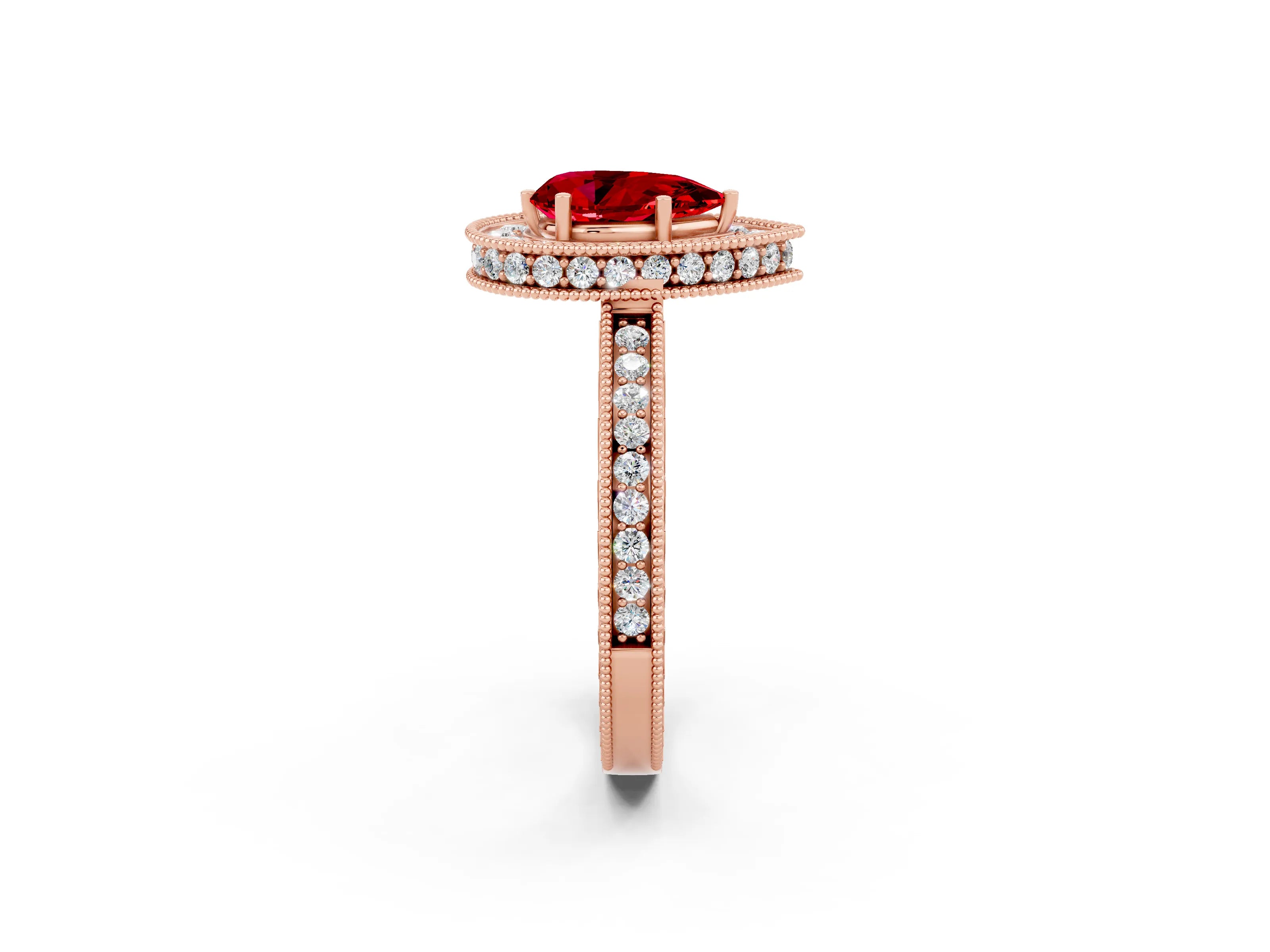 Rose gold Pear Cut Halo Diamond Engagement Ring with Milgrain Pave Band and Four-Prong Setting_2