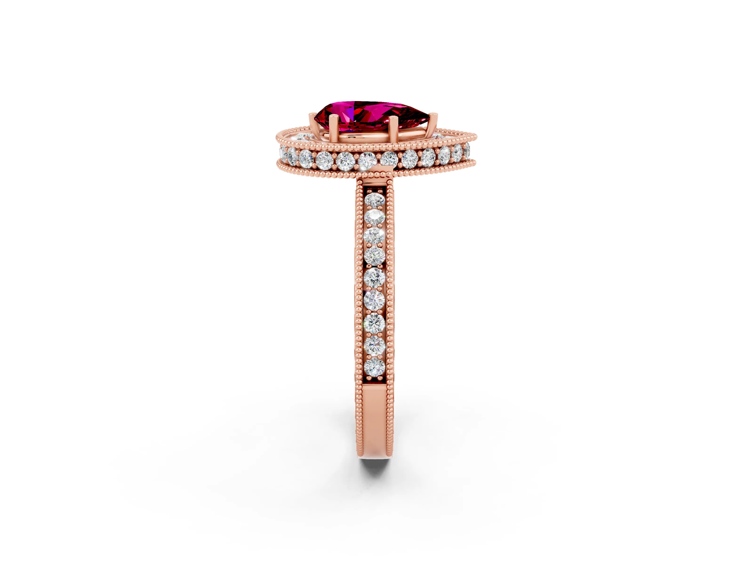 Rose gold Pear Cut Halo Diamond Engagement Ring with Milgrain Pave Band and Four-Prong Setting_2