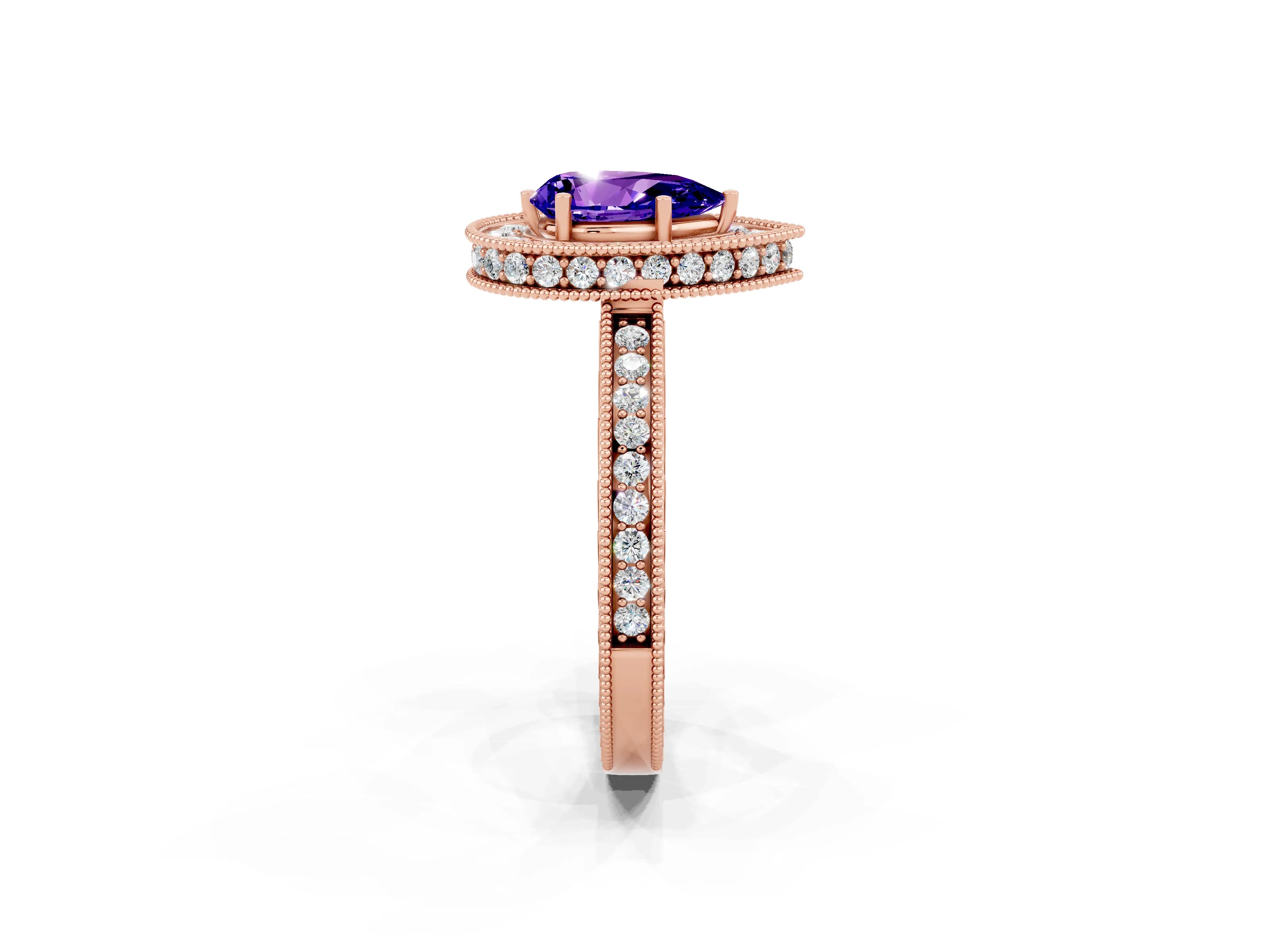 Rose gold Pear Cut Halo Diamond Engagement Ring with Milgrain Pave Band and Four-Prong Setting_2