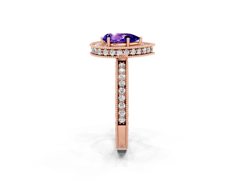 Rose gold Pear Cut Halo Diamond Engagement Ring with Milgrain Pave Band and Four-Prong Setting_2