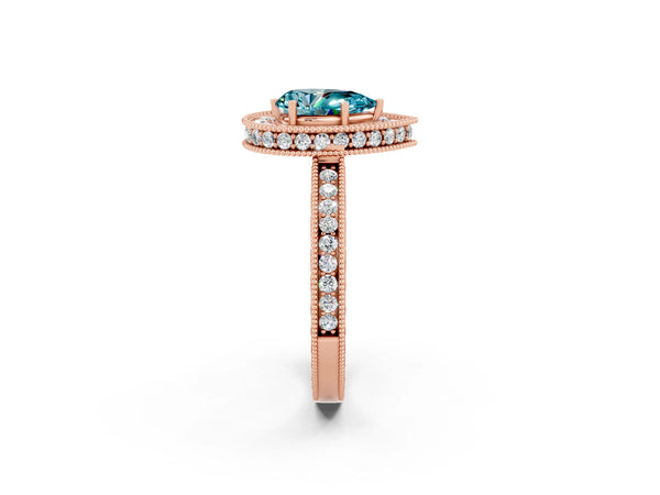 Rose gold Pear Cut Halo Diamond Engagement Ring with Milgrain Pave Band and Four-Prong Setting
