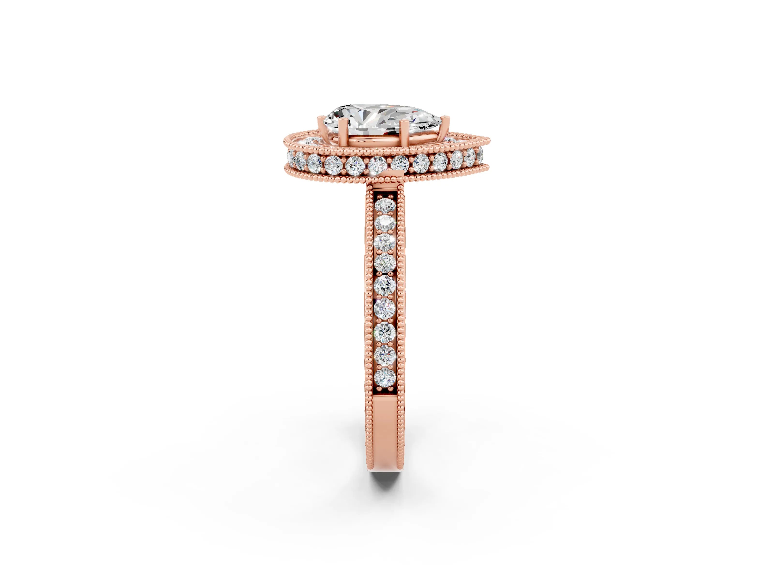Rose gold Pear Cut Halo Diamond Engagement Ring with Milgrain Pave Band and Four-Prong Setting_2