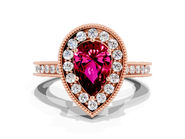 Rose gold Pear Cut Halo Diamond Engagement Ring with Milgrain Pave Band and Four-Prong Setting