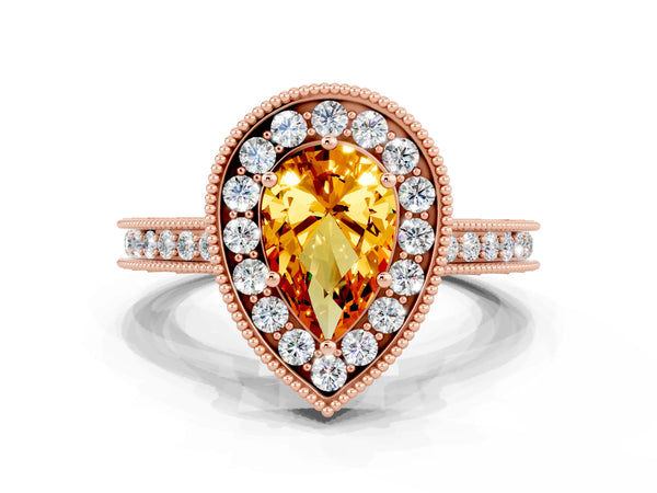 Rose gold Pear Cut Halo Diamond Engagement Ring with Milgrain Pave Band and Four-Prong Setting