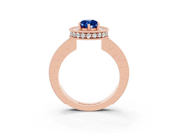 Rose gold Pear Cut Halo Diamond Engagement Ring with Milgrain Pave Band and Four-Prong Setting