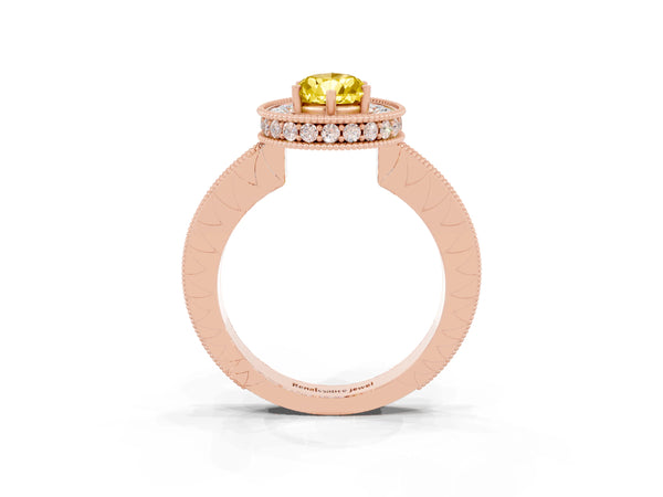 Rose gold Pear Cut Halo Diamond Engagement Ring with Milgrain Pave Band and Four-Prong Setting