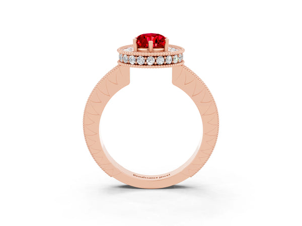 Rose gold Pear Cut Halo Diamond Engagement Ring with Milgrain Pave Band and Four-Prong Setting