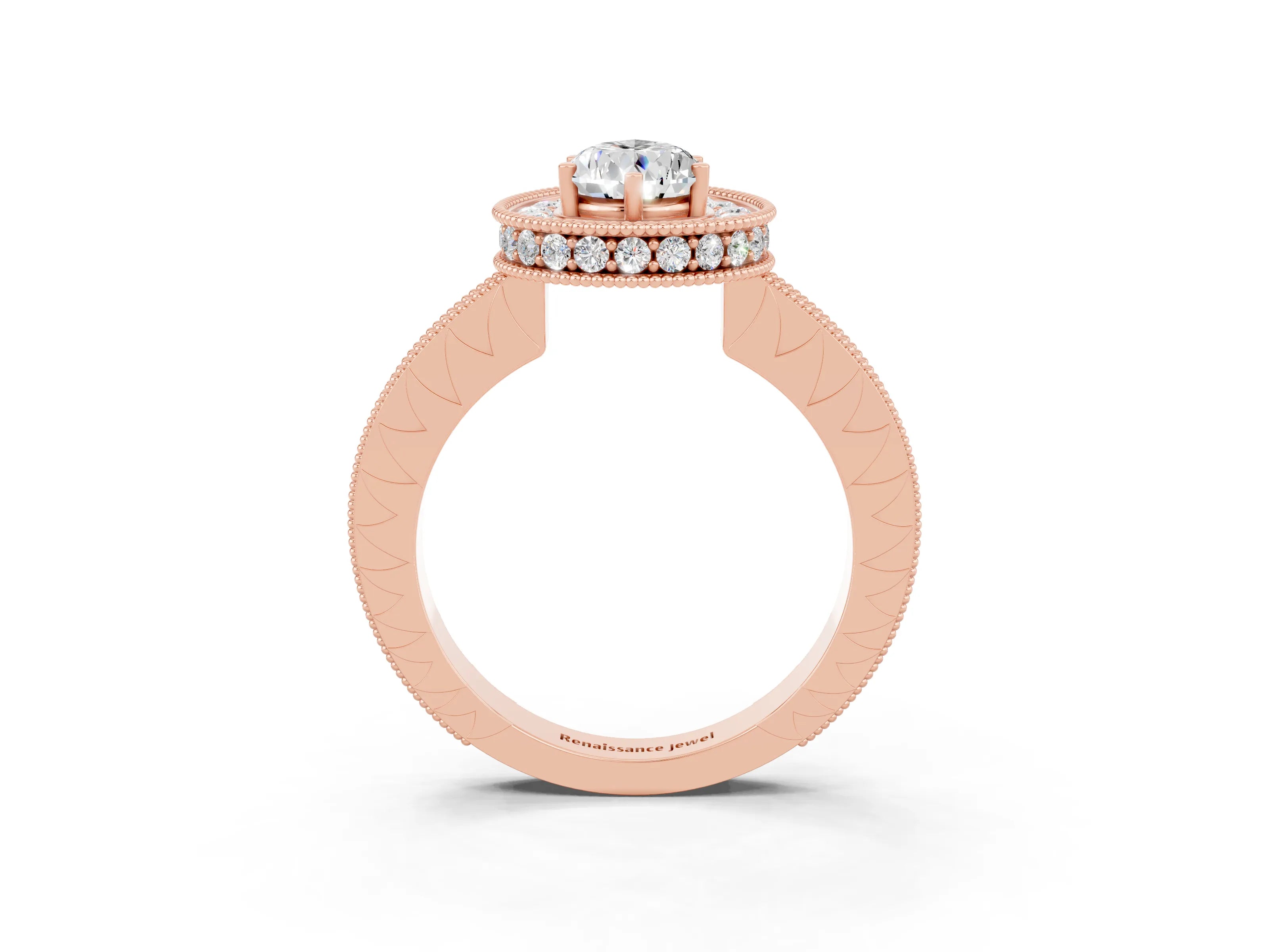 Rose gold Pear Cut Halo Diamond Engagement Ring with Milgrain Pave Band and Four-Prong Setting_3