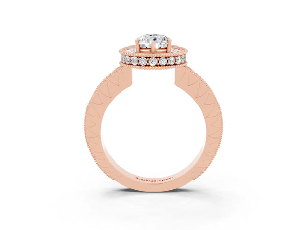 Rose gold Pear Cut Halo Diamond Engagement Ring with Milgrain Pave Band and Four-Prong Setting