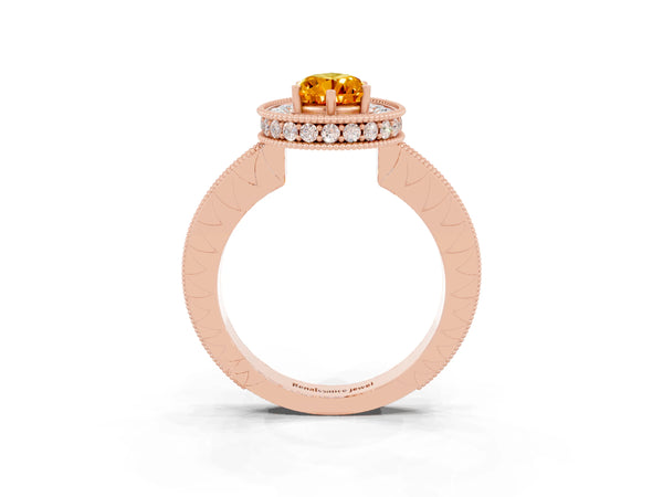 Rose gold Pear Cut Halo Diamond Engagement Ring with Milgrain Pave Band and Four-Prong Setting