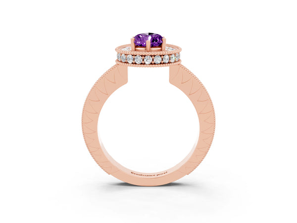 Rose gold Pear Cut Amethyst Milgrain Halo Engagement Ring with Round Pavé Band and Prong Setting