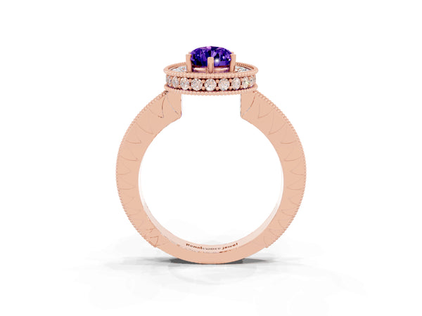 Rose gold Pear Cut Halo Diamond Engagement Ring with Milgrain Pave Band and Four-Prong Setting