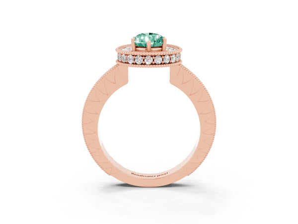 Rose gold Pear Cut Halo Diamond Engagement Ring with Milgrain Pave Band and Four-Prong Setting
