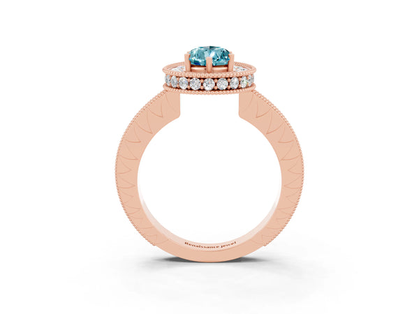 Rose gold Pear Cut Halo Diamond Engagement Ring with Milgrain Pave Band and Four-Prong Setting