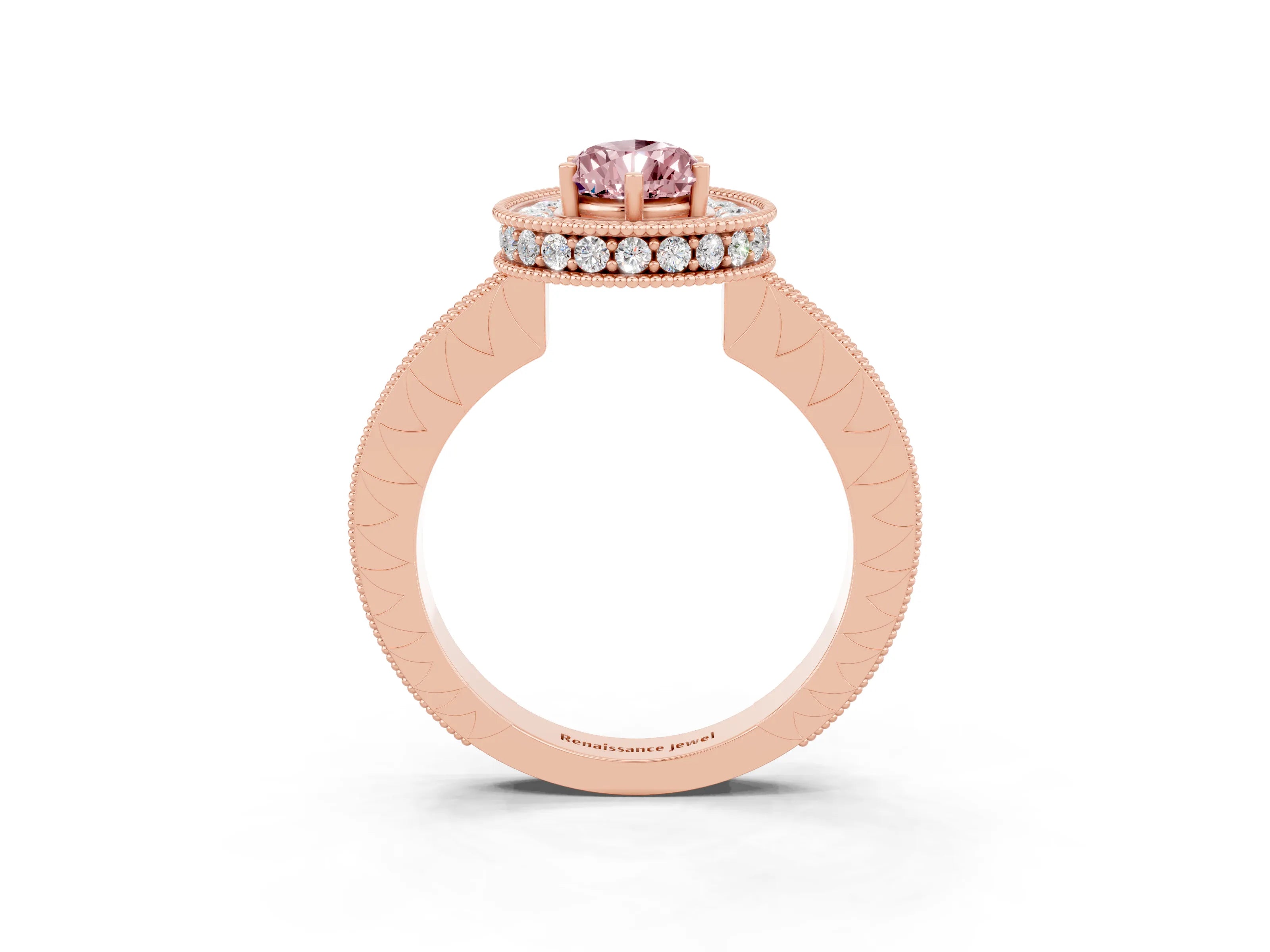 Rose gold Pear Cut Halo Diamond Engagement Ring with Milgrain Pave Band and Four-Prong Setting_3