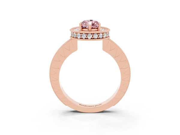 Rose gold Pear Cut Halo Diamond Engagement Ring with Milgrain Pave Band and Four-Prong Setting
