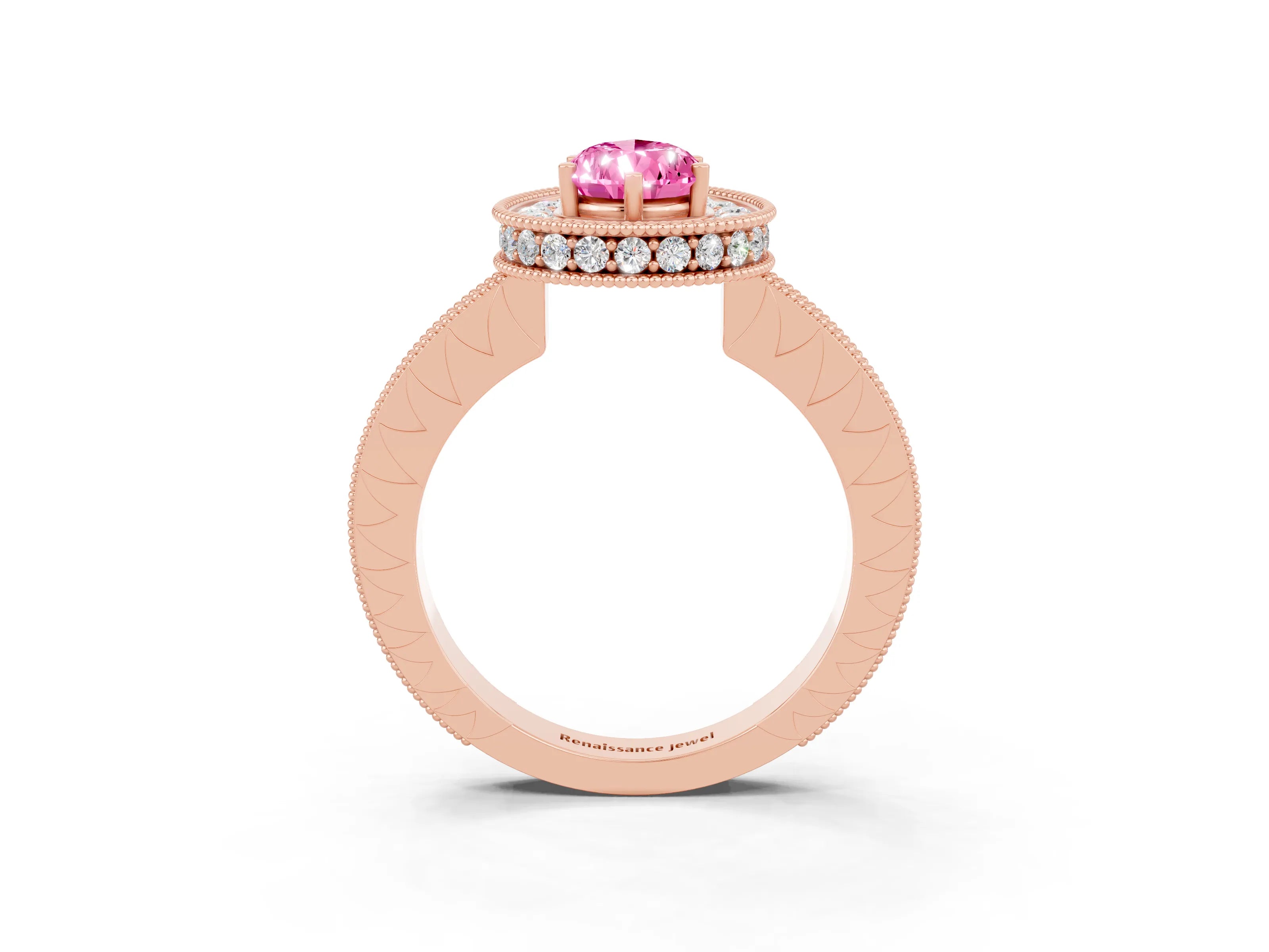 Rose gold Pear Cut Halo Diamond Engagement Ring with Milgrain Pave Band and Four-Prong Setting_3