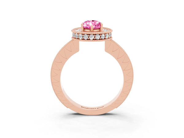 Rose gold Pear Cut Halo Diamond Engagement Ring with Milgrain Pave Band and Four-Prong Setting