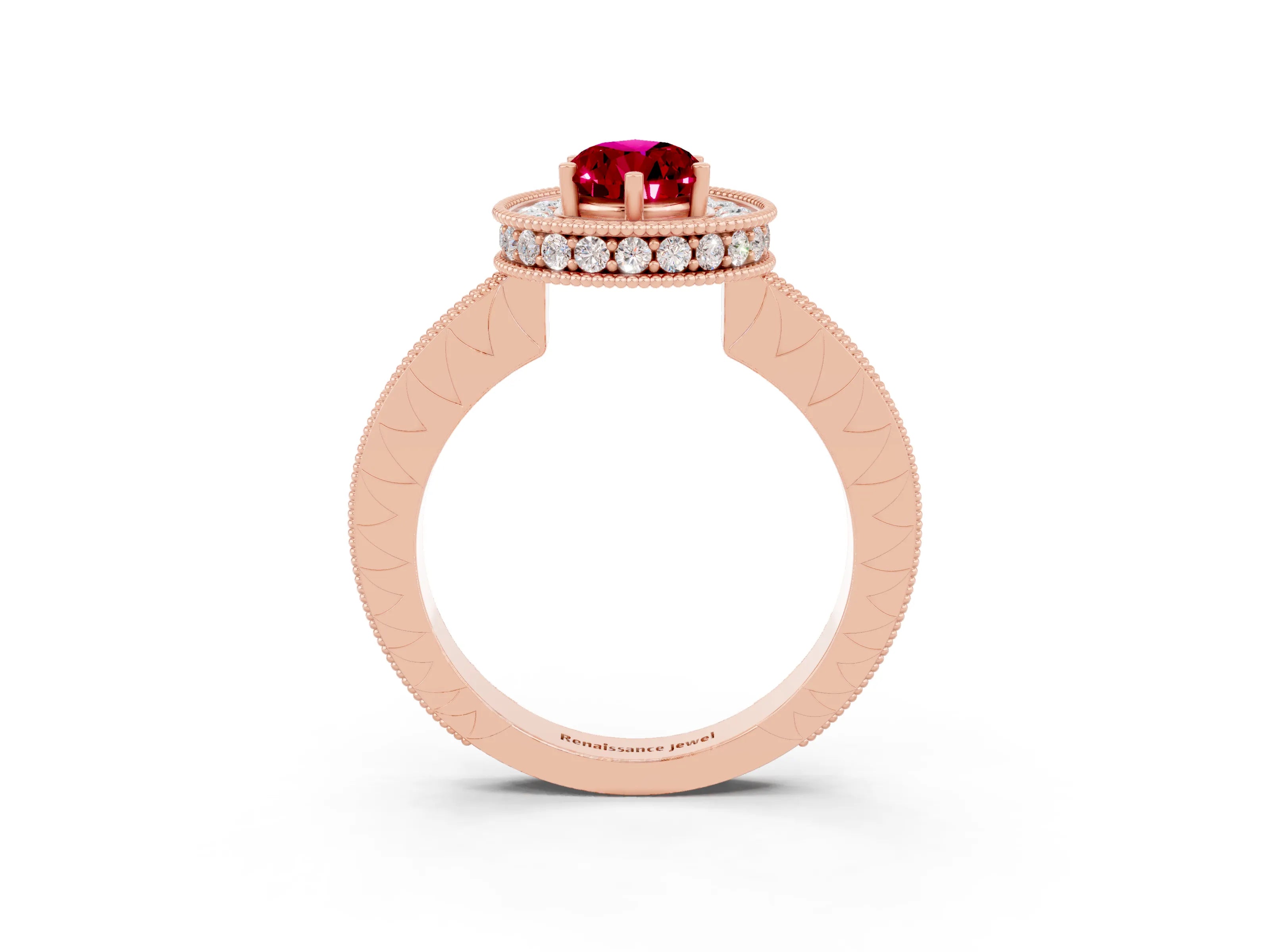 Rose gold Pear Cut Halo Diamond Engagement Ring with Milgrain Pave Band and Four-Prong Setting_3