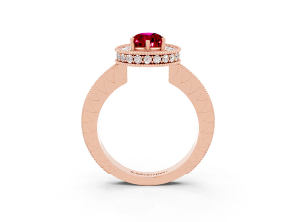 Rose gold Pear Cut Halo Diamond Engagement Ring with Milgrain Pave Band and Four-Prong Setting