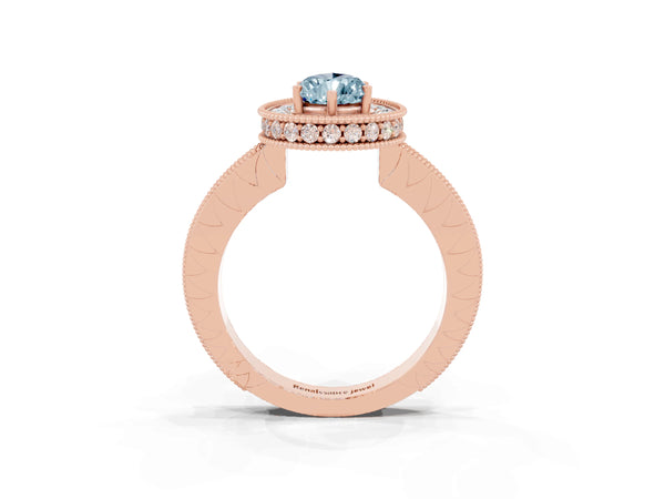 Rose gold Pear Cut Halo Diamond Engagement Ring with Milgrain Pave Band and Four-Prong Setting