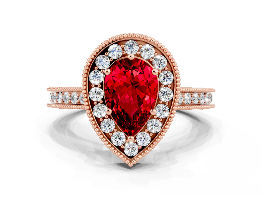Rose gold Pear Cut Halo Diamond Engagement Ring with Milgrain Pave Band and Four-Prong Setting