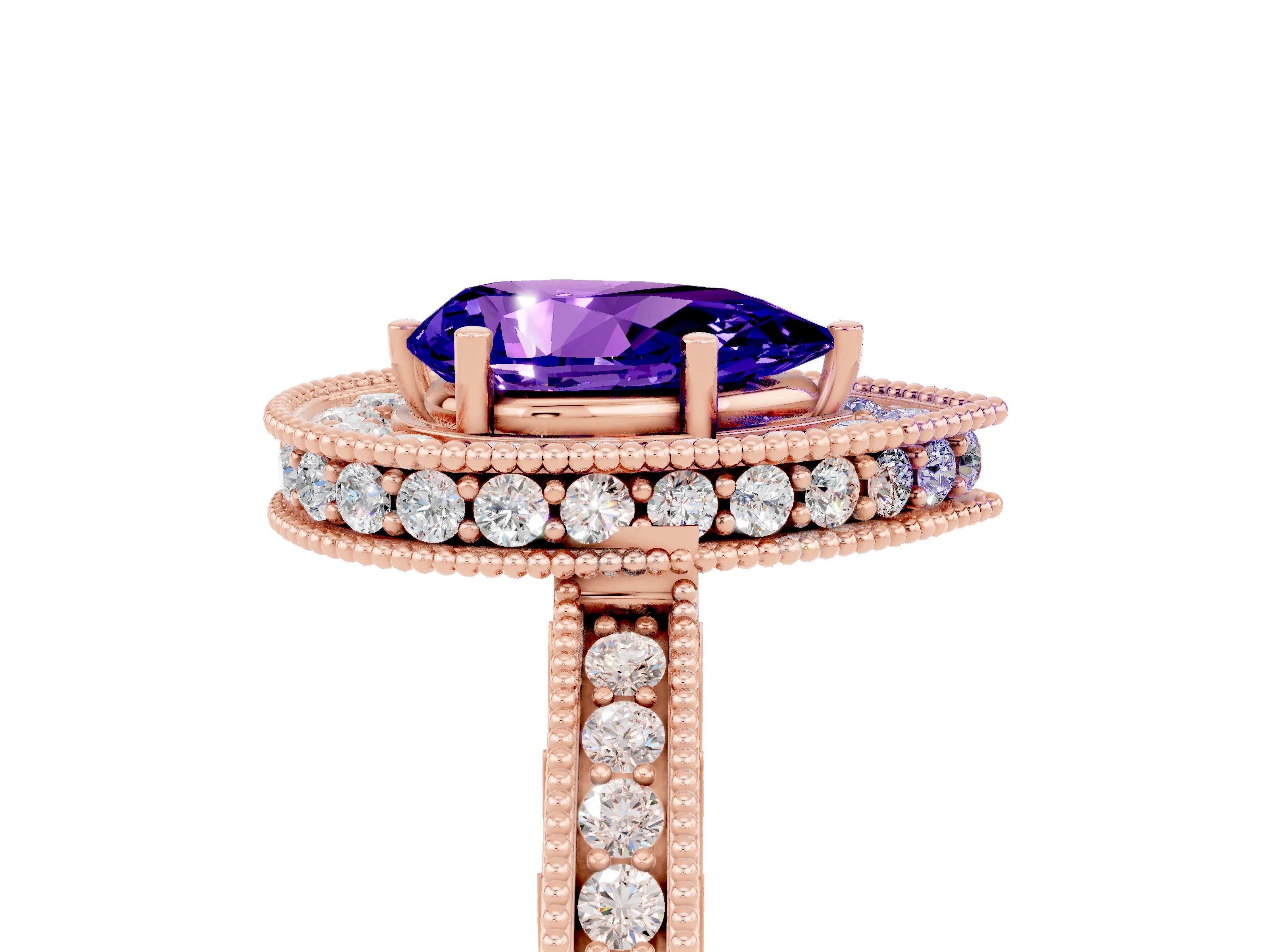 Rose gold Pear Cut Halo Diamond Engagement Ring with Milgrain Pave Band and Four-Prong Setting_5