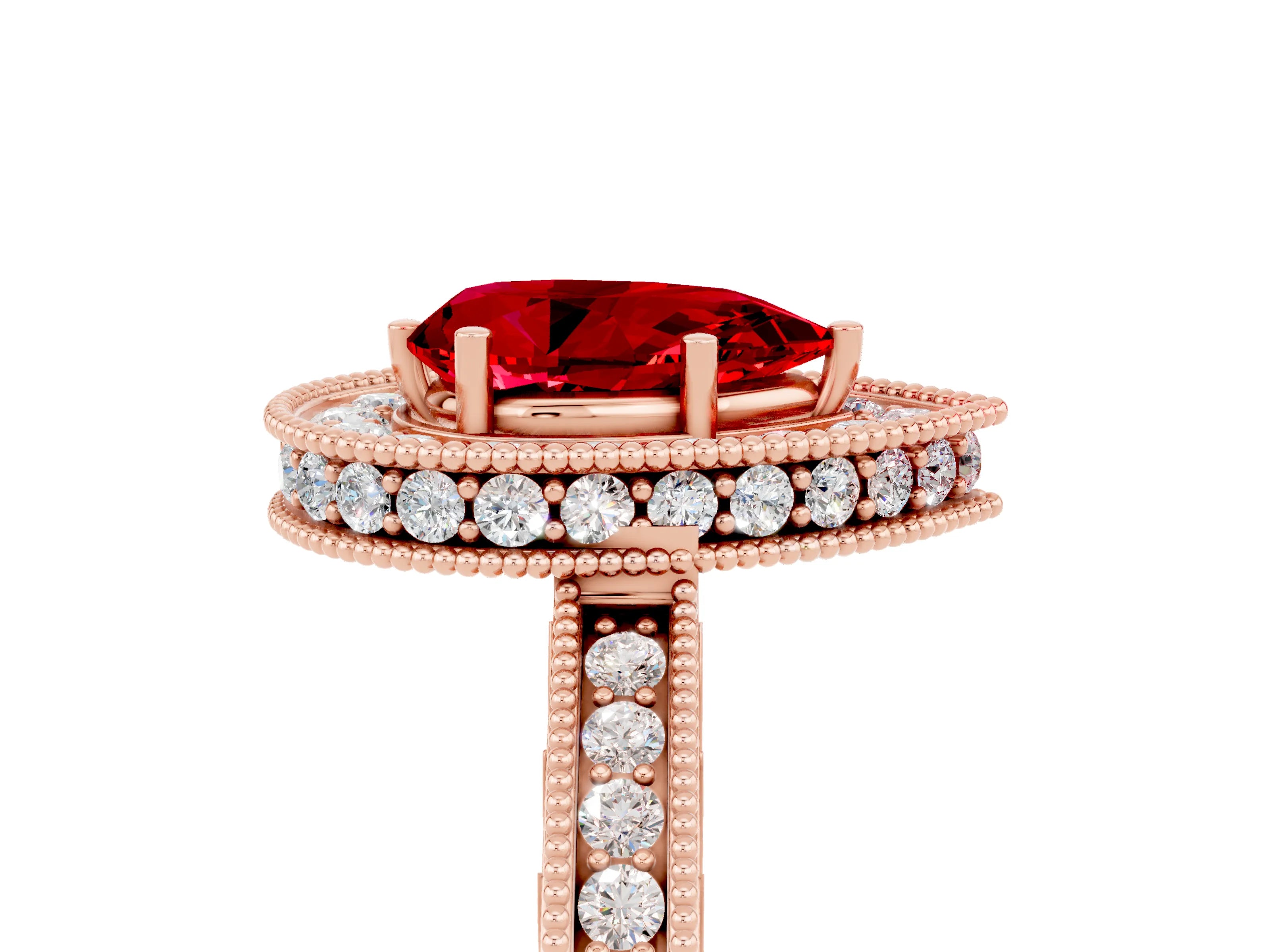 Rose gold Pear Cut Halo Diamond Engagement Ring with Milgrain Pave Band and Four-Prong Setting_5