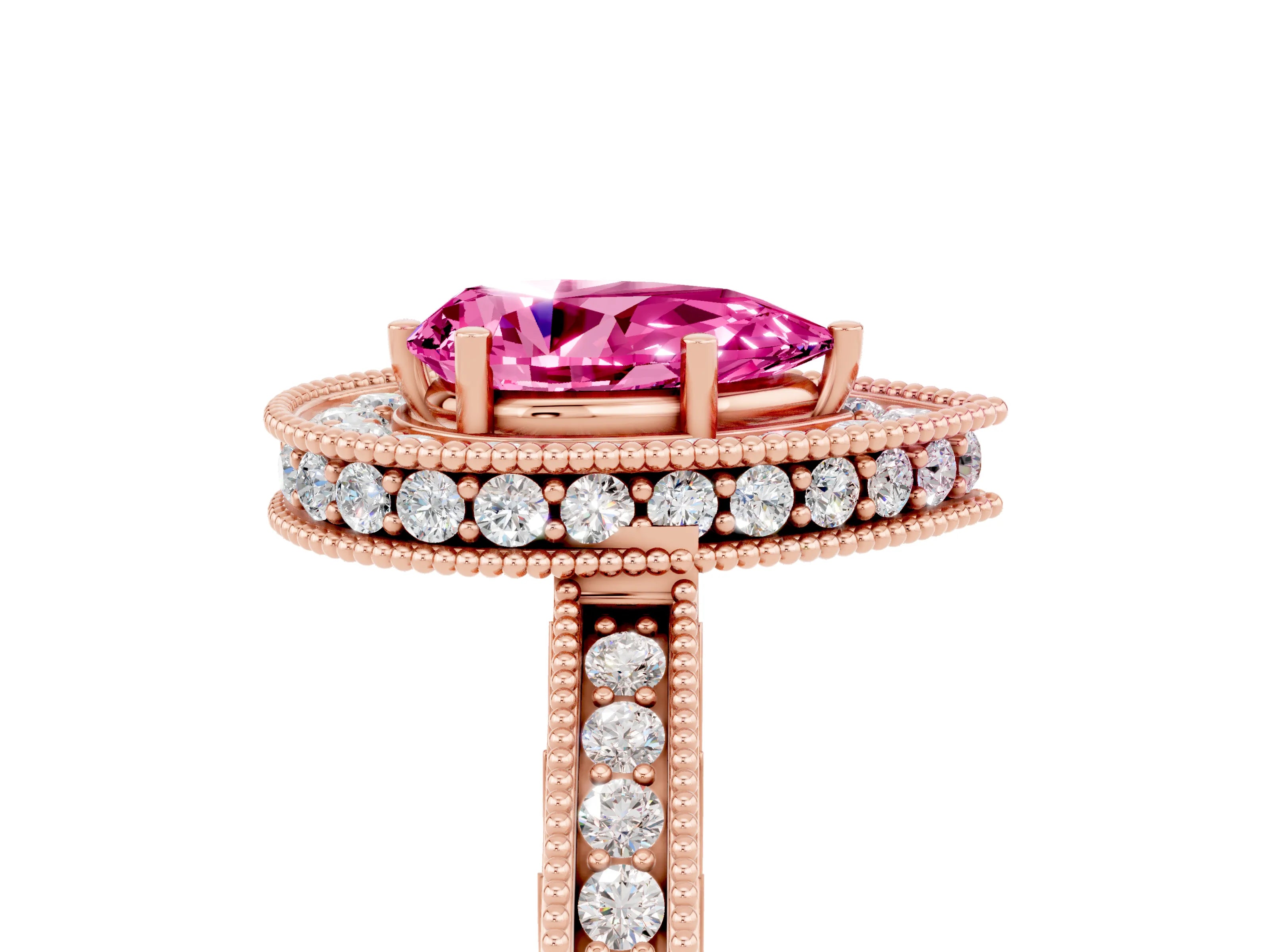 Rose gold Pear Cut Halo Diamond Engagement Ring with Milgrain Pave Band and Four-Prong Setting_5
