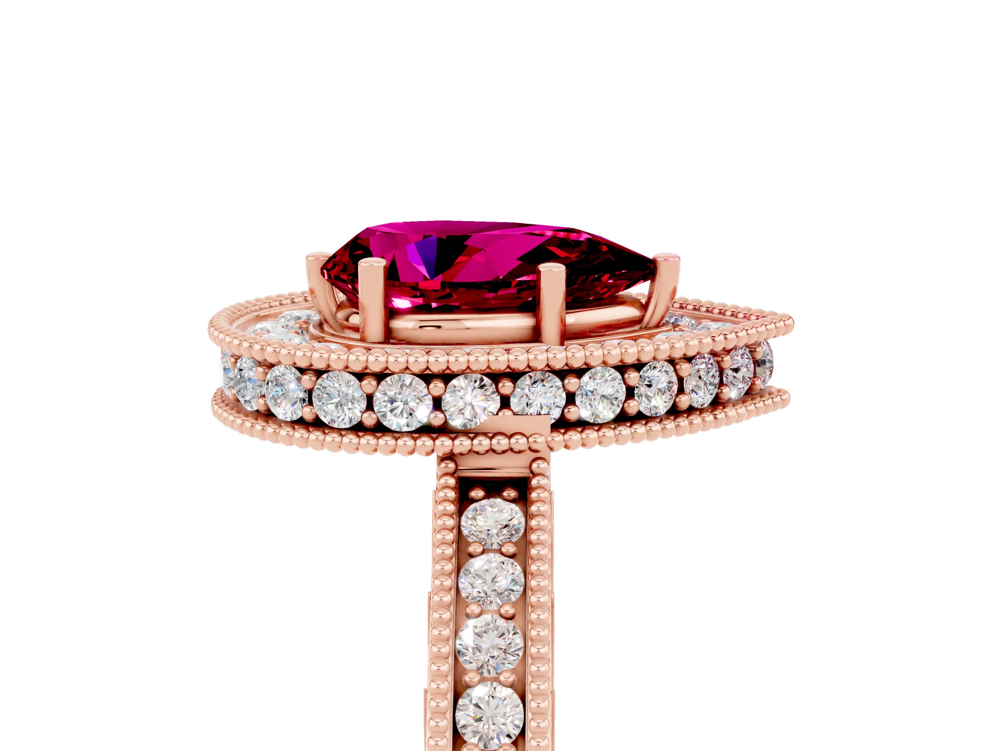 Rose gold Pear Cut Halo Diamond Engagement Ring with Milgrain Pave Band and Four-Prong Setting_5