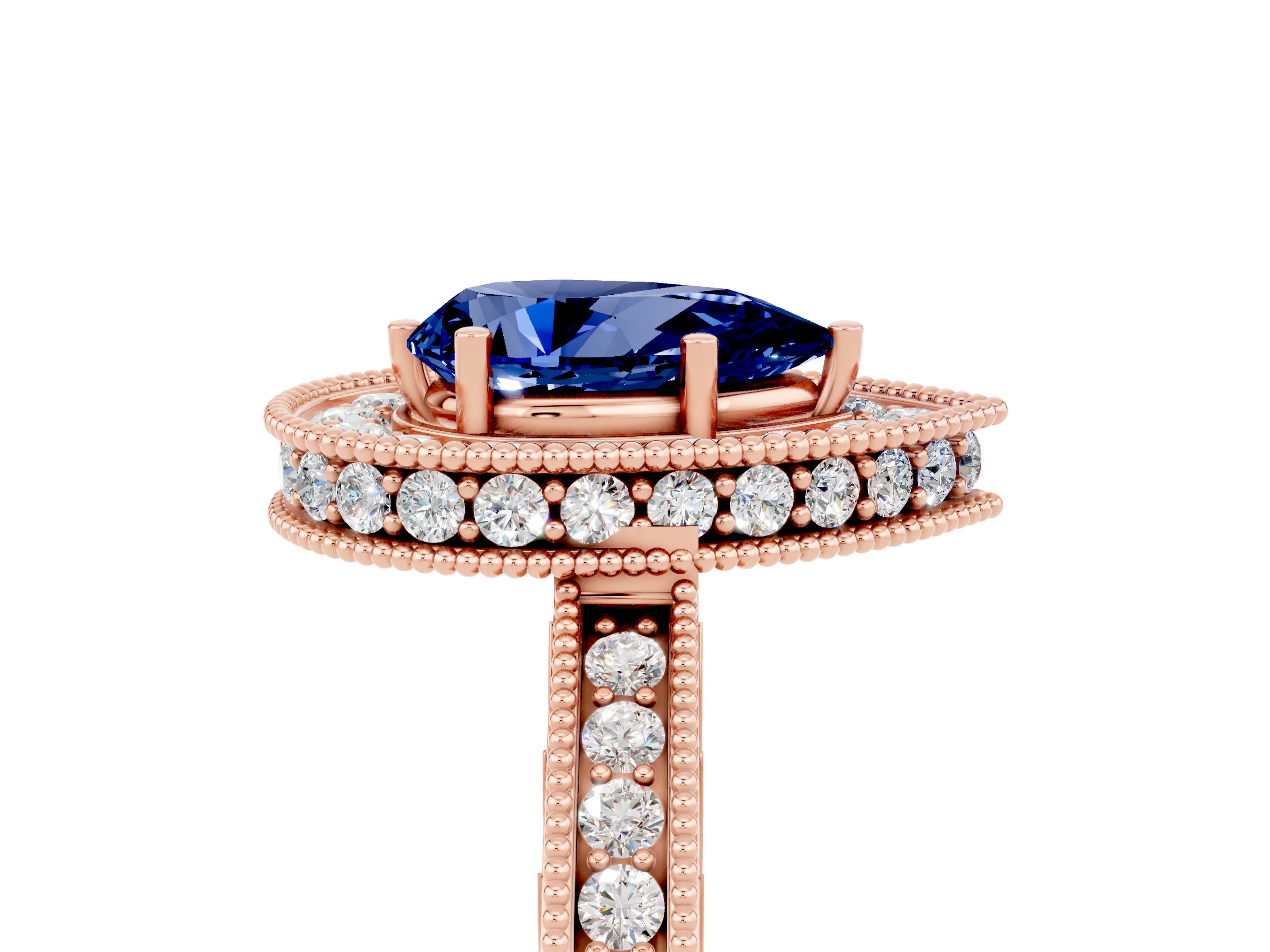 Rose gold Pear Cut Halo Diamond Engagement Ring with Milgrain Pave Band and Four-Prong Setting_5