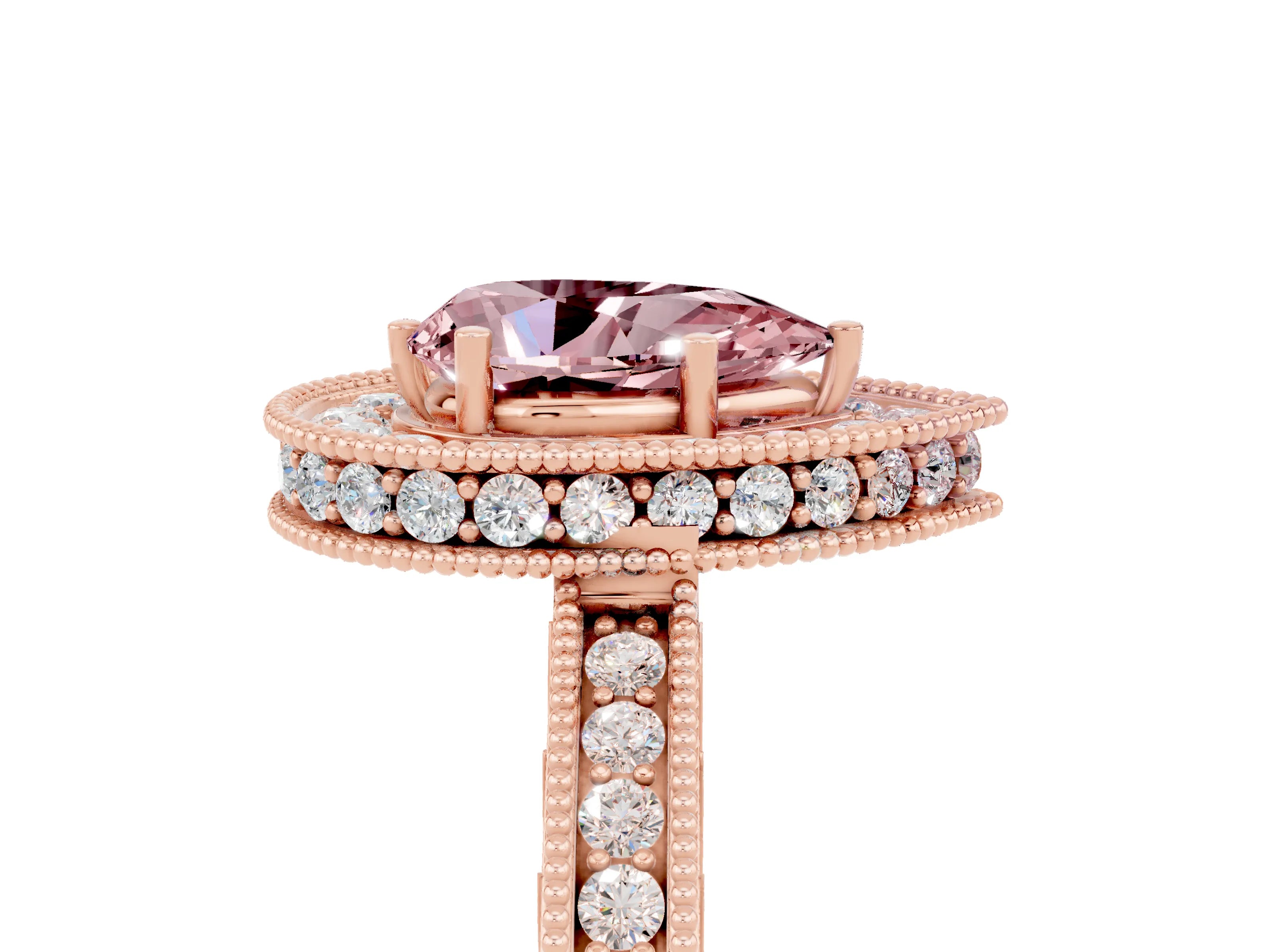 Rose gold Pear Cut Halo Diamond Engagement Ring with Milgrain Pave Band and Four-Prong Setting_5