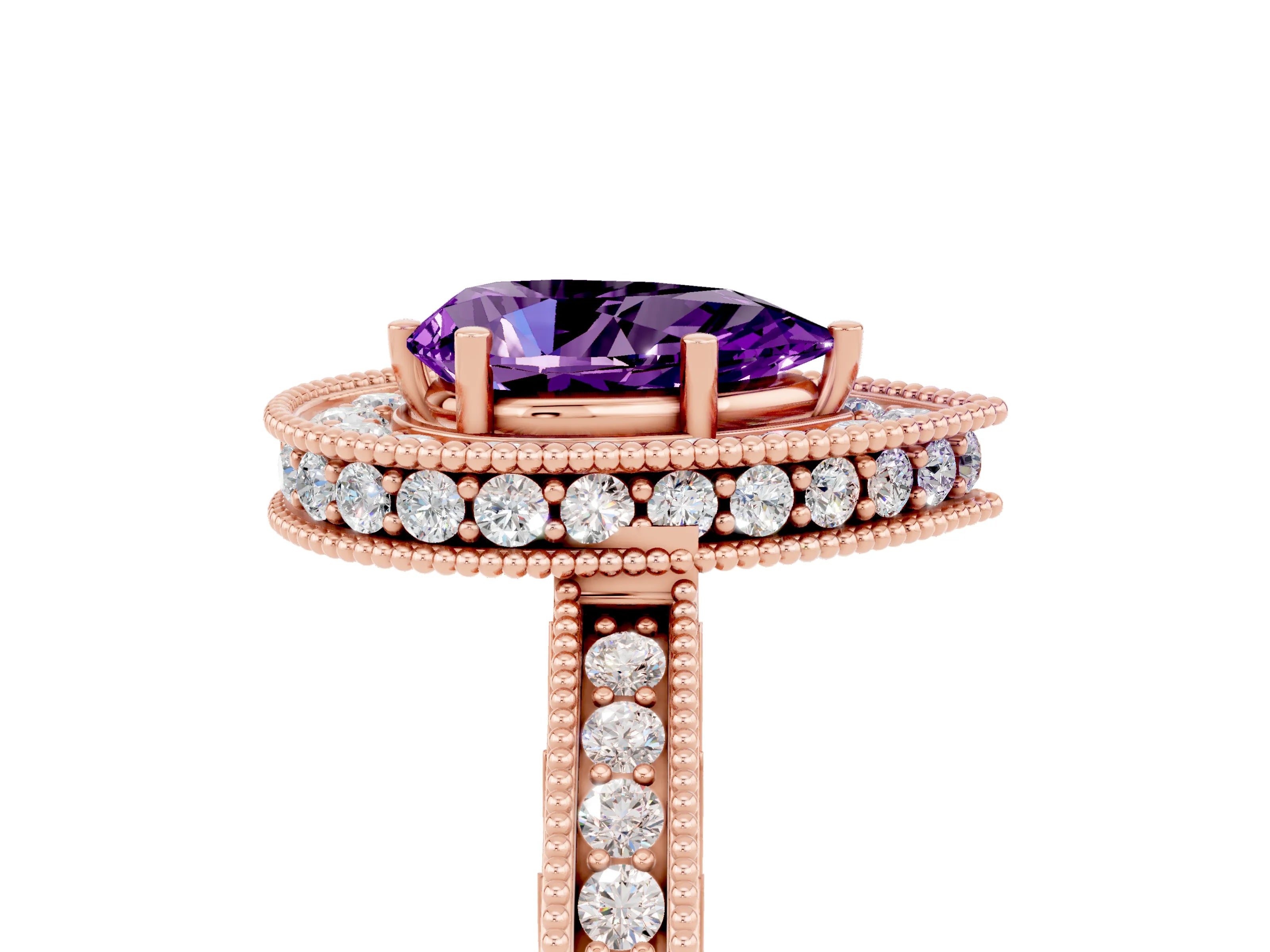 Rose gold Pear Cut Halo Diamond Engagement Ring with Milgrain Pave Band and Four-Prong Setting_5