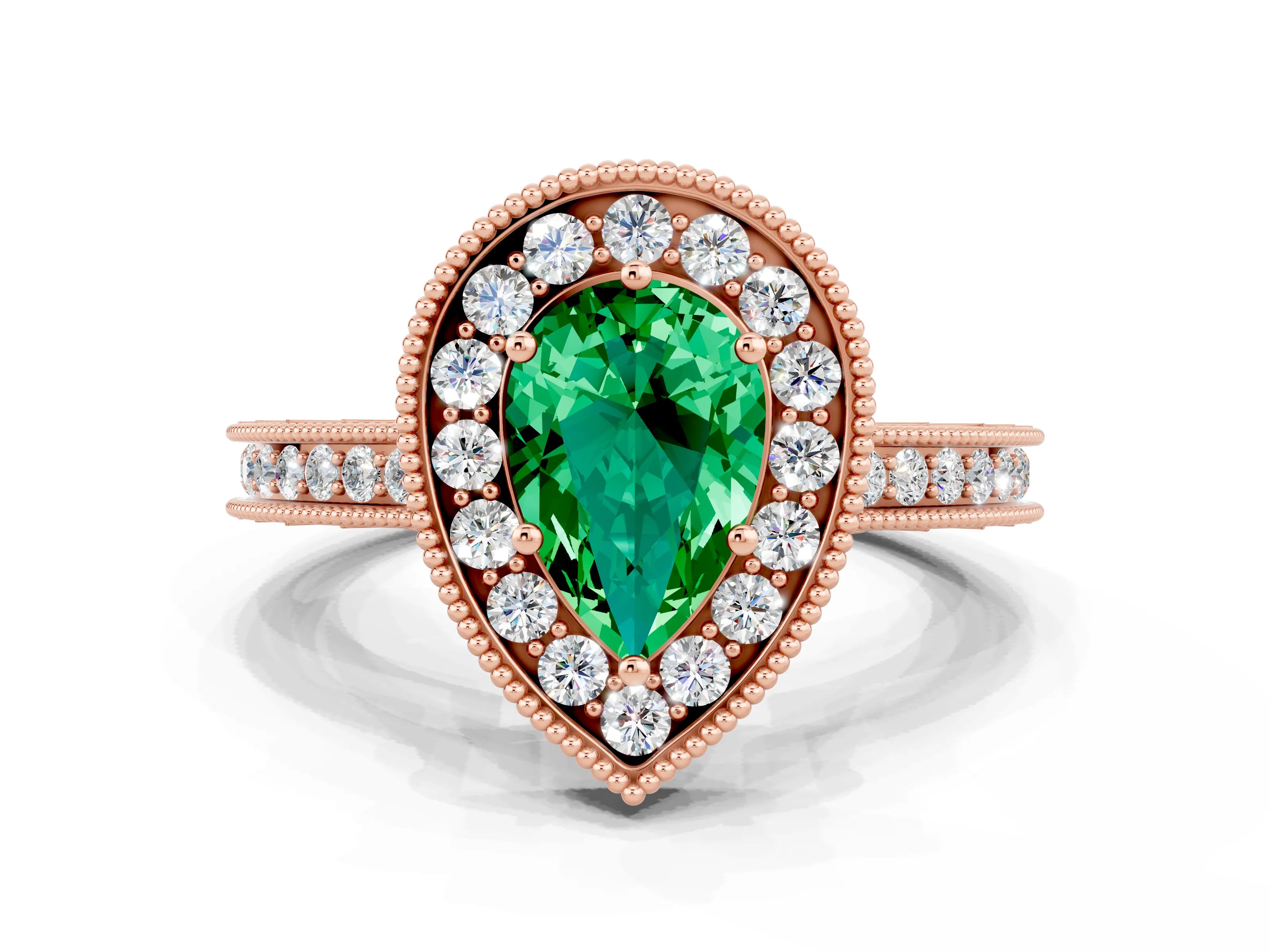 Rose gold Pear Cut Halo Diamond Engagement Ring with Milgrain Pave Band and Four-Prong Setting