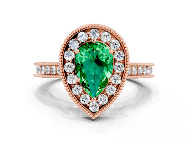 Rose gold Pear Cut Halo Diamond Engagement Ring with Milgrain Pave Band and Four-Prong Setting