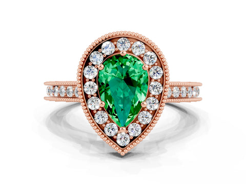 Rose gold Pear Cut Halo Diamond Engagement Ring with Milgrain Pave Band and Four-Prong Setting